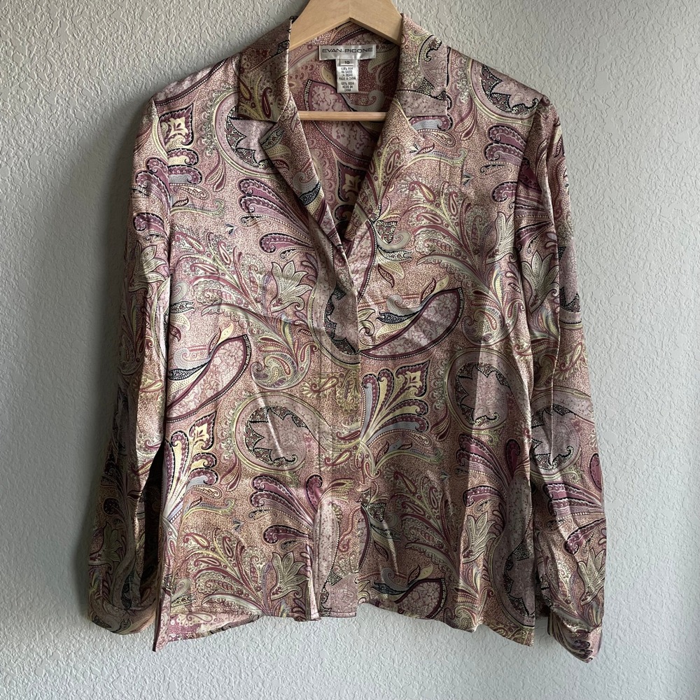 Vintage Boho Evan Picone Blouse 100% Silk Paisley Mauve Pink Long Sleeve Size 10